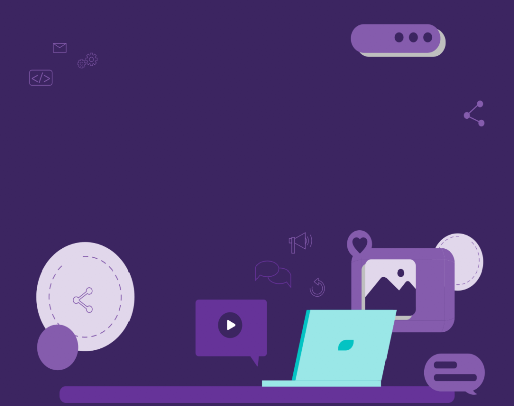 How Does Content Marketing Work? 4 Laptop with icons of mail, setting, chat, video and photo.