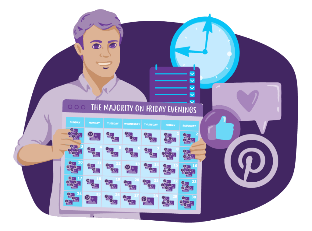 When to Post on Social Media 7 A person holding a calendar with at least one image placeholder and the Pinterest icon on every date. Many days have multiple icons, with Friday’s having more than any other. The text at the top says ‘majority on Friday evenings’