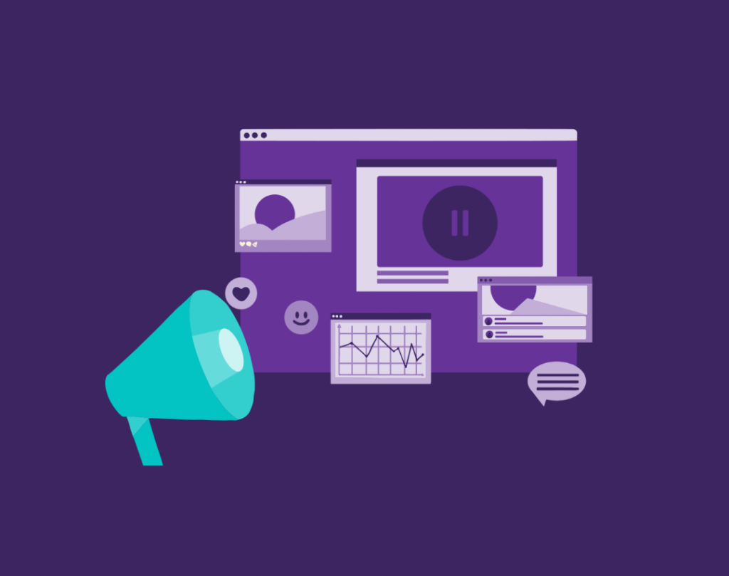 How Does Content Marketing Work? 1 Icons of a megaphone, paused video and line graph.