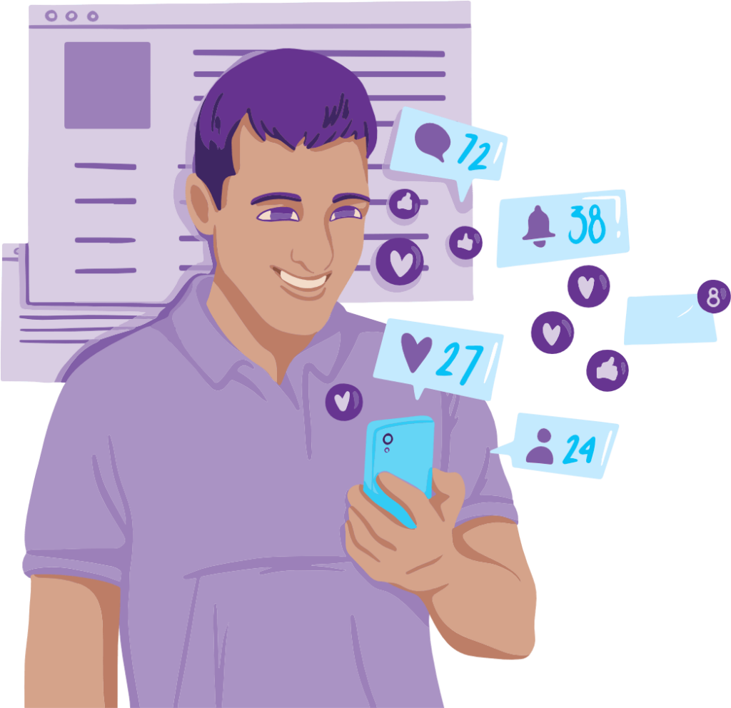 Should you Start a Blog This Year? 5 A person looking at his phone is surrounded with all the evidence of how their customers are engaging with them. This includes likes, follows, comments, and more.