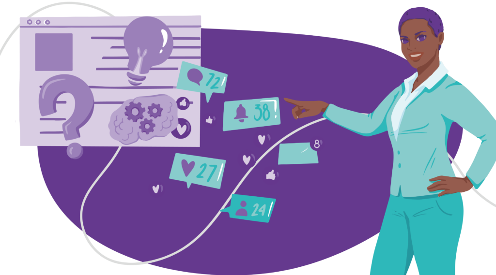 26 Benefits of Content Marketing 7 Woman showing many other benefits of content marketing including comments, likes, and follows.