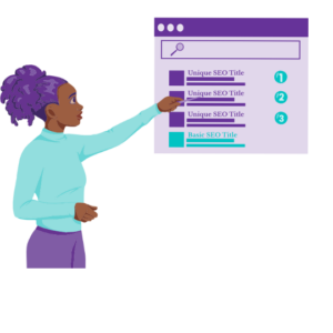 Unique SEO Titles are Crucial for Small Business Success — Here’s How to Make Them Work for You 4 A woman pointing at an SEO interface on a screen with ranked titles, illustrating the impact of unique SEO titles on visibility and ranking.