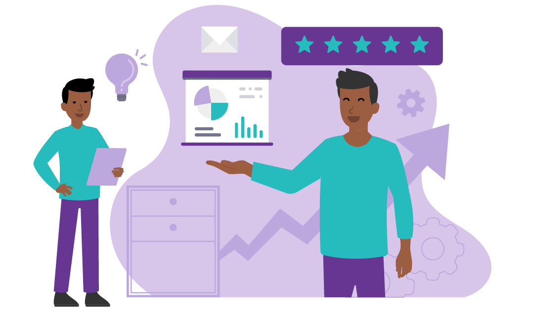 What are SMART Goals? Definition + Tips 5 A man with a smiling face showing his content analytics with 5 stars on it.