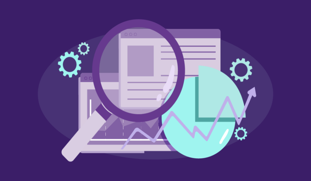 Ultimate Guide to SEO Marketing for SMBs 8 a magnifying glass hovers over a website surrounded by graphs and cogs.