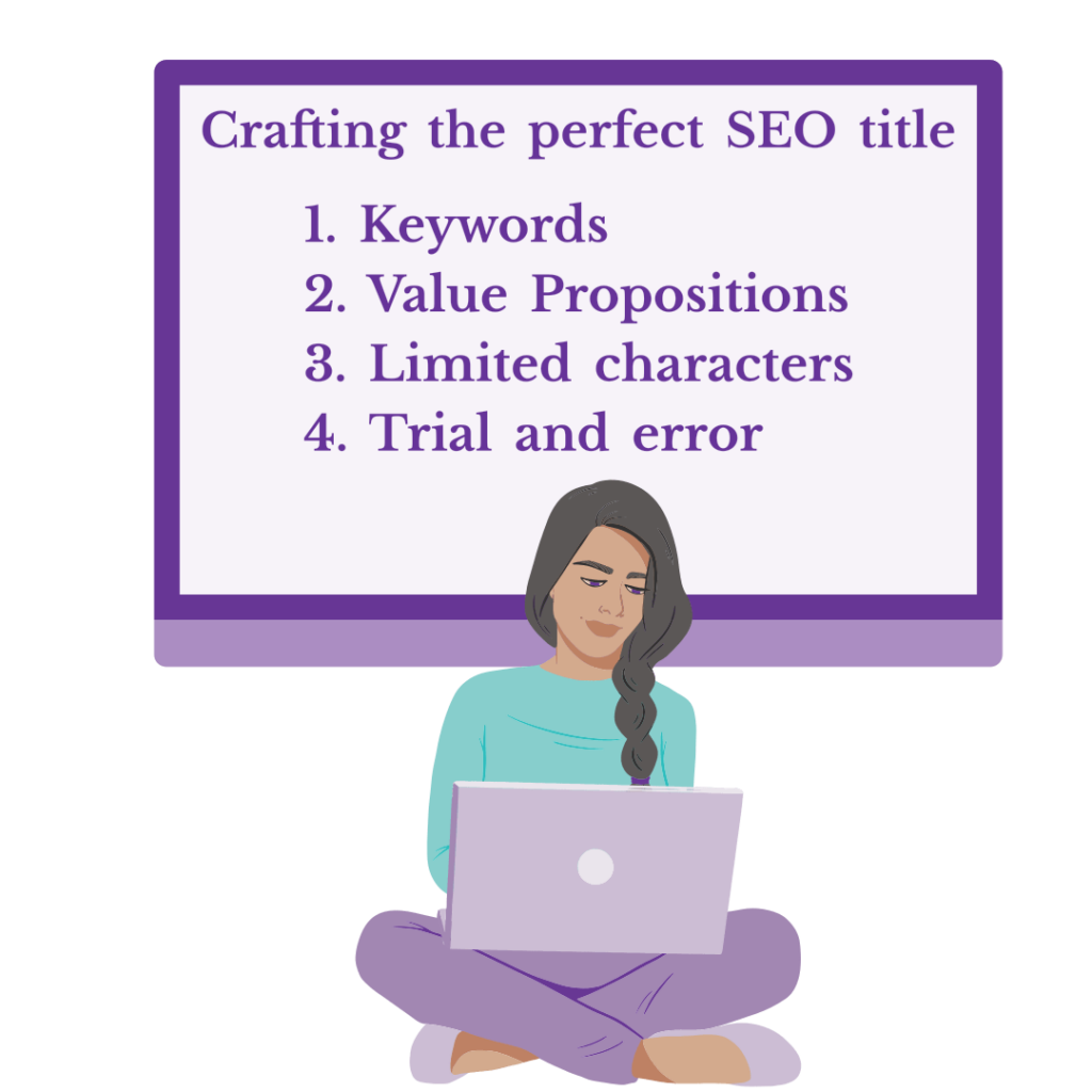 Why Unique SEO Titles Are Your Secret Weapon for Increased Organic Traffic 4 A woman sitting with a laptop on her lap and behind her is an image of what she’s looking at on her screen: ‘Crafting the perfect SEO title: 1. Keywords 2. Value Propositions 3. Limited characters 4. Trial and error’.