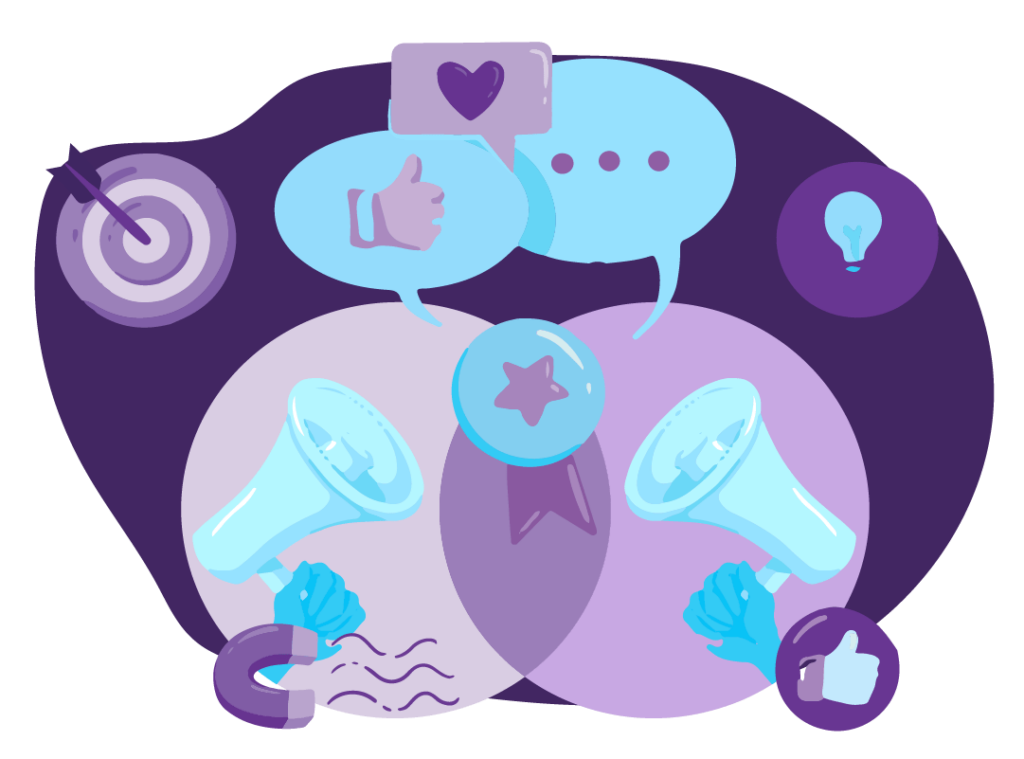 Top 13 Marketing Strategies and Marketing Approaches 8 Icons of megaphones, magnet, likes, heart and ideas all laid over two overlapping circles