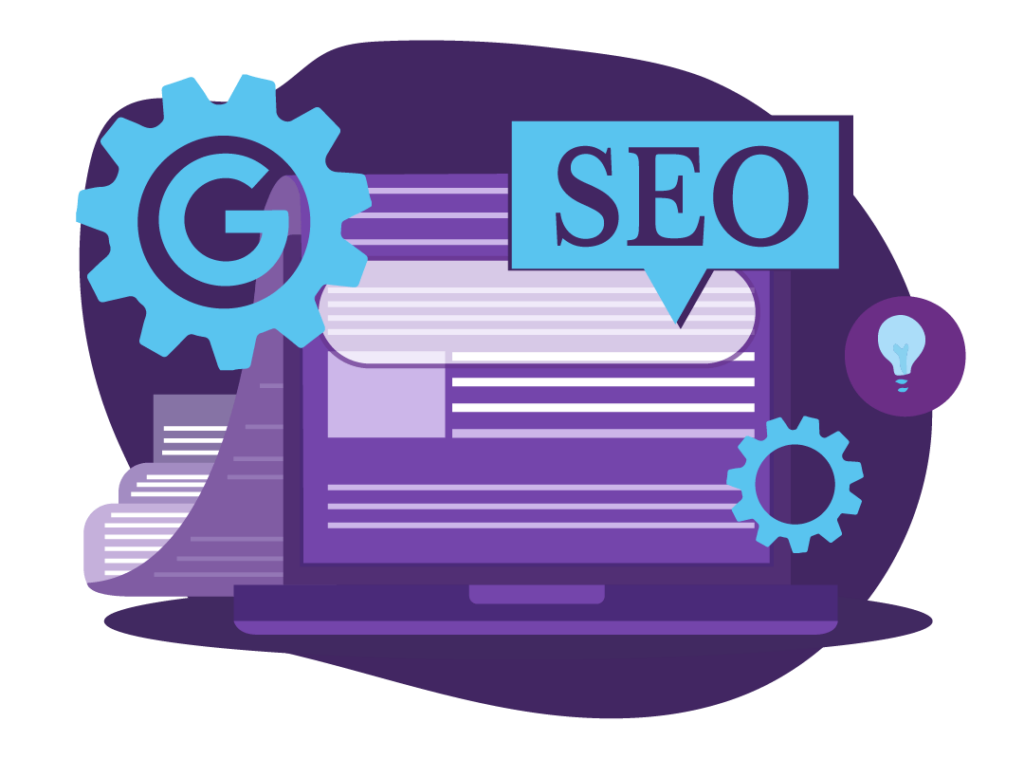 Google SEO Title and Title Tag Update 2 A long page feeding into a laptop with word ‘SEO’ and a cog with the Google ‘G’ in it.