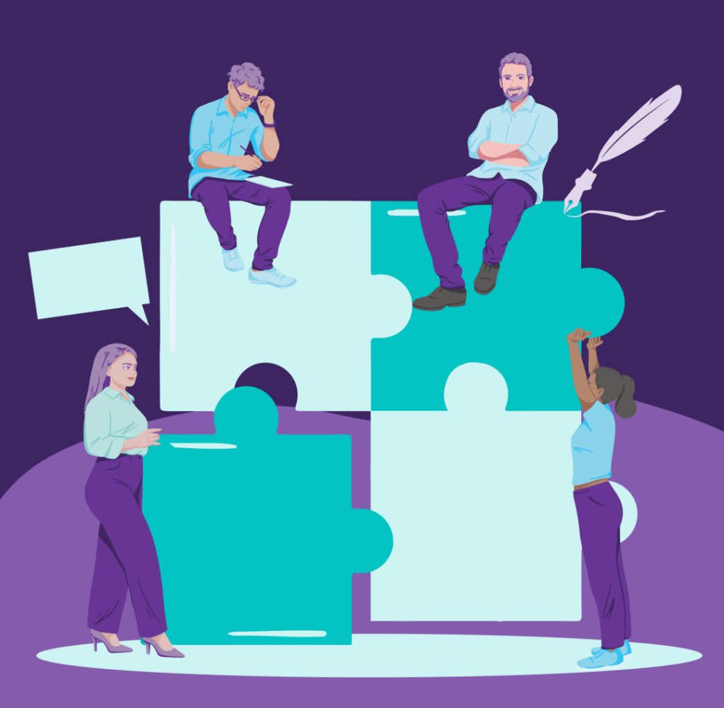 Why You Need an Integrated Content Strategy 8 Group of diverse people gathering together on and around giant puzzle pieces.