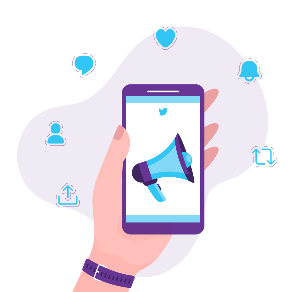 How To Gain Real Twitter Followers In 2023 7 Icon of megaphone on a mobile screen with the Twitter icon at the top, which represents promoting one’s Twitter profile.