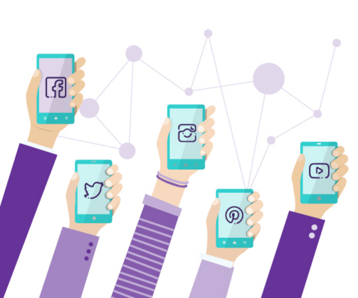Myth: 3rd-Party App Posts on Facebook = Less Reach 5 5 hands. Each is holding a mobile phone with a different social media platform logo on each device.