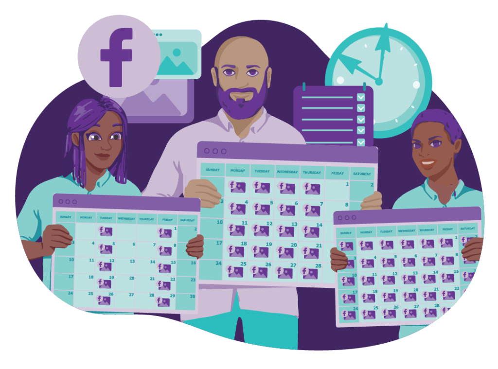 When to Post on Social Media 3 Three people hold calendars. One has an image placeholder and Facebook logo on every date. Another has them on every Monday to Thursday. The third has them on every Tuesday and every Friday.