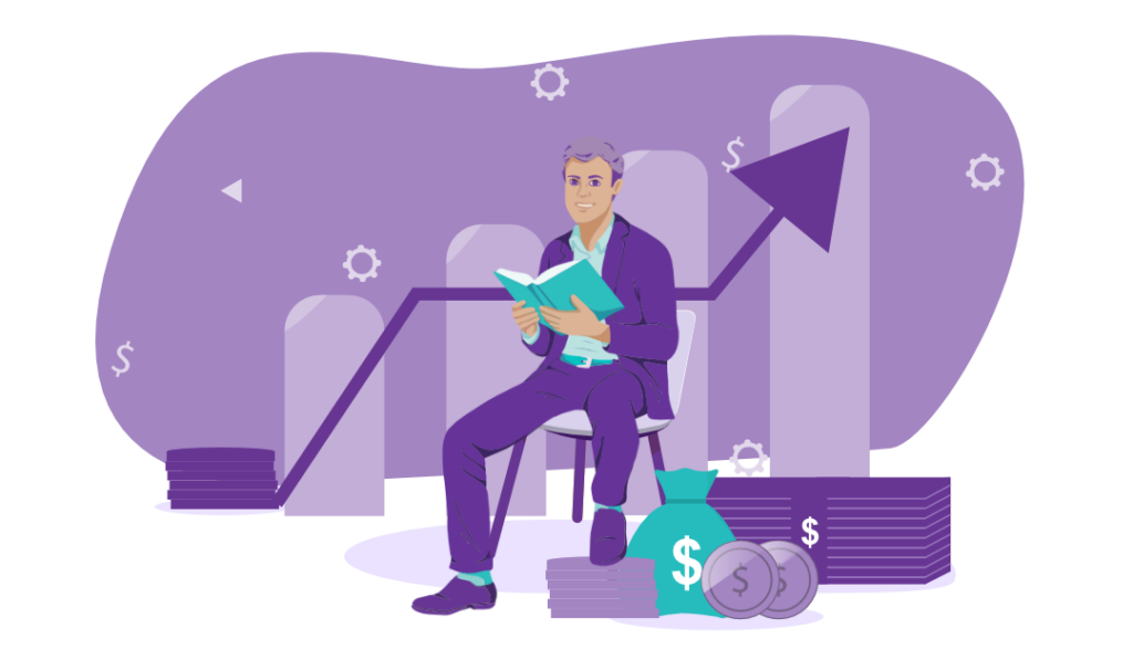 How to measure content marketing success 4 person sitting on a chair in front of an upward-trending graph and next to a pile of money