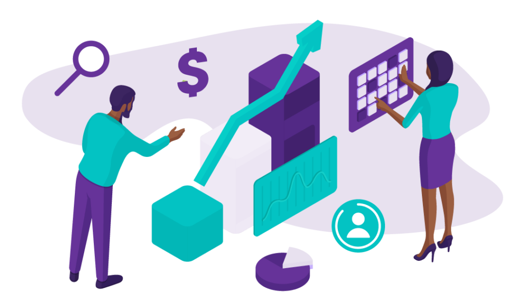 3 SEO Fallacies Harming Small Businesses 6 A man following a graph as a reference to achieve his desired result and a woman solving the puzzle of SEO for her business to be a success.