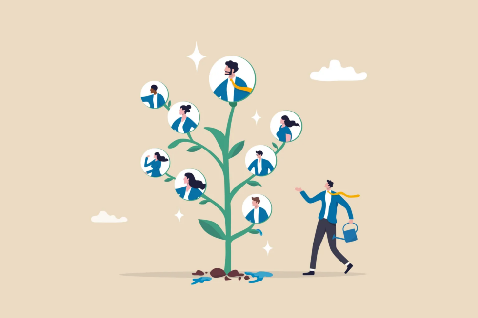 Key Strategies for Success: Lessons from a Top APAC Digital Marketing Agency 2 Illustrative concept of lead management depicted as a flourishing tree with various professional figures, symbolising the growth and nurturing aspect of effective lead management.