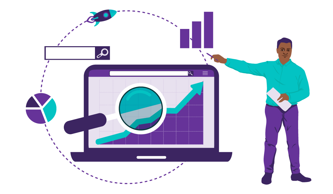 3 SEO Fallacies Harming Small Businesses 5 A magnifying glass over a chart shows several charts and a rocket all connected.