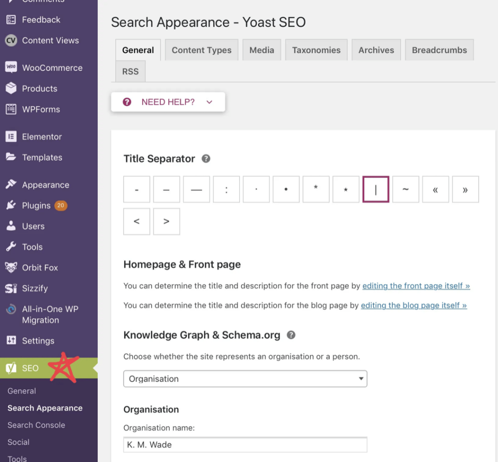 How to Change a Title Tag in WordPress 9 A screenshot showing the Yoast SEO menu in the sidebar in the backend of WordPress and the array of title separators available to choose from. My preferred option, the verticals bar, is highlighted. I prefer that option because it takes up very few of the precious pixel limit in an SEO title.