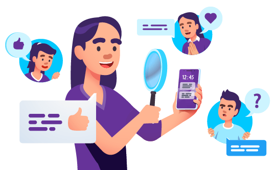 Should you Start a Blog This Year? 16 Person examining their smartphone with a magnifying glass with several members of their audience liking, loving, or questioning their content.