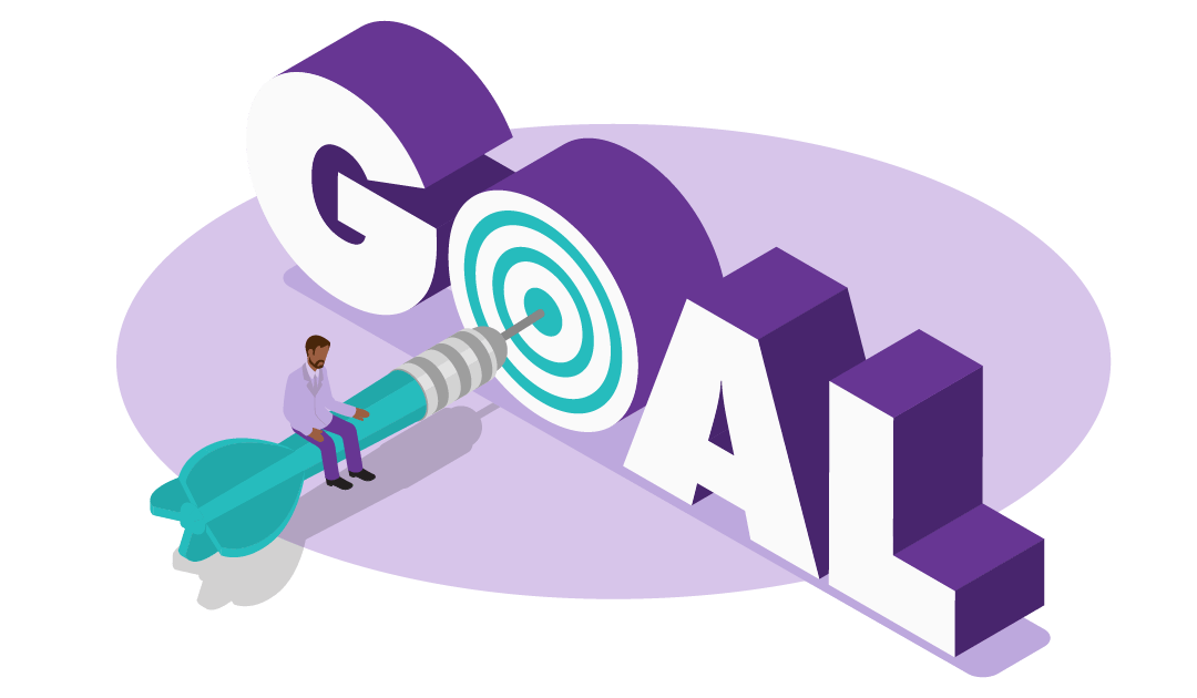 What are SMART Goals? Definition + Tips 2 A man sitting on a dart hitting a target within the ‘o’ in ‘goal’ with no distractions signifying a simple and specific goal.
