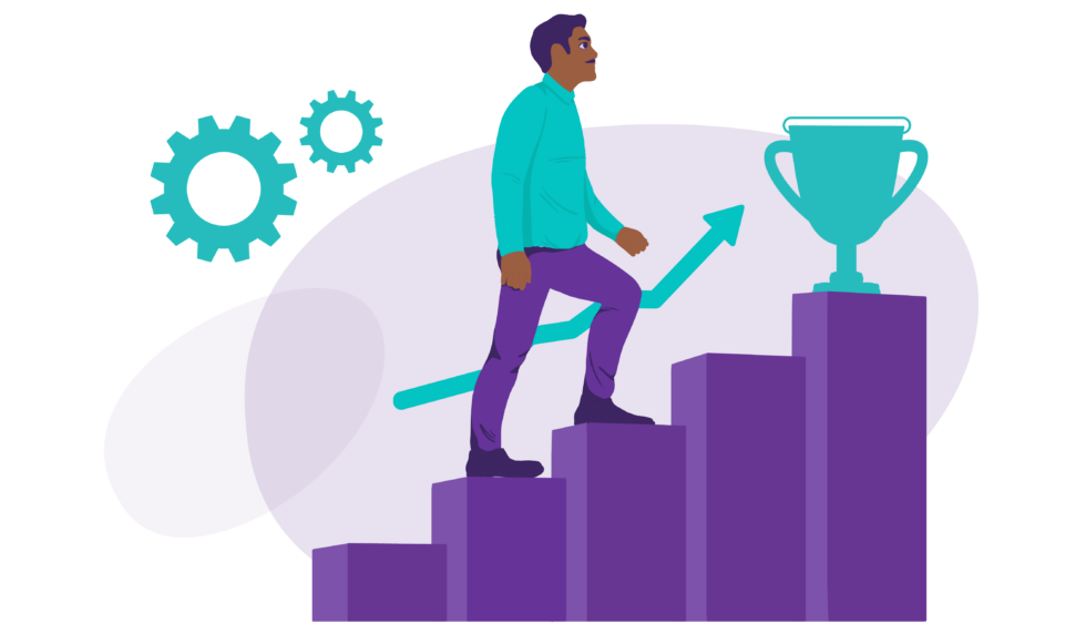 How to measure content marketing success 1 Person climbing an upward-trending graph to reach a trophy.