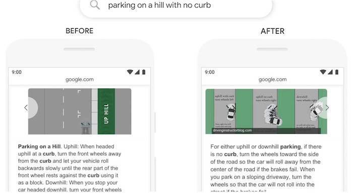 How Google’s BERT Update Affects Small Businesses 3 A before and after screenshot of a search listing for the query ‘parking on a hill with no curb’. Before BERT Google would have shown a snippet that says ‘parking on a hill. Uphill: when headed uphil at a curb, turn the front wheels away from the curve and let your vehicle roll backwards slowly until the rear part of the front wheel rests against the curb…’. After BERT, the snippet reads ‘For either uphill or downhill parking, if there is no curb, turn the wheels toward the side of the road so the car will roll away from the center of the road if the brakes fail…’.