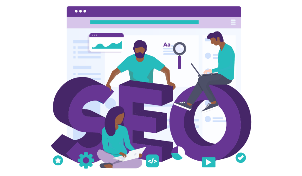 How SEO Works to Drive Traffic and Profits 6 Three people learning the ins and outs of SEO while on an enormous SEO word.