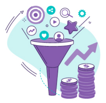 Wade’s Hierarchy of SEO Techniques (SEO Strategy) 11 Icons of person, play button, heart reaction and share symbol that go through a funnel and come out at the other end as coins (profit).