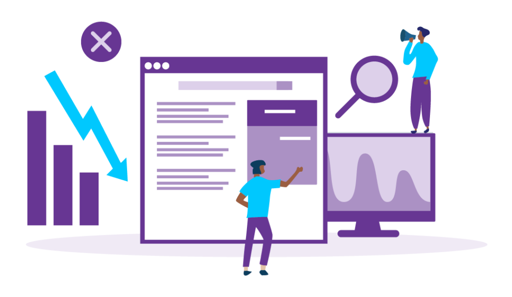 Google Update — Google’s July 2021 Link Spam Update 4 A computer screen showing search listings with a downward trending graph symbolising search ranking deterioration.