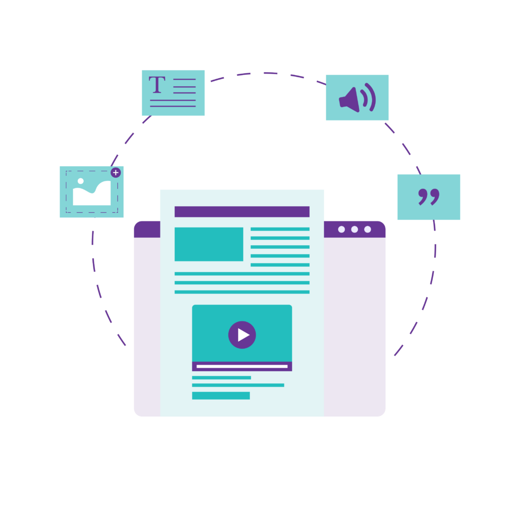 Content Strategy Success Guide 3 Icons that represent many kinds of content including images, text, audio, and quotations.