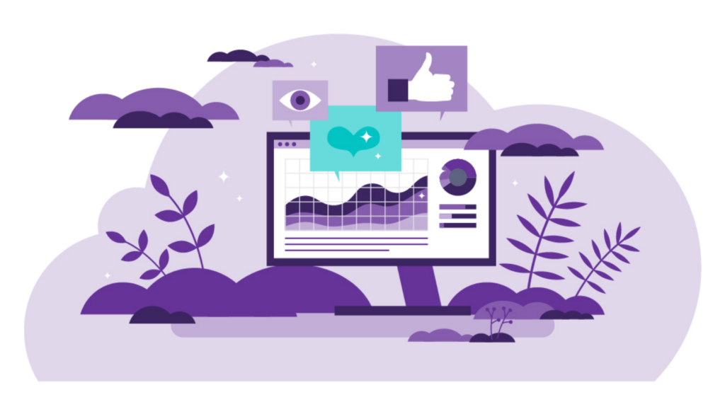 Myth: 3rd-Party App Posts on Facebook = Less Reach 3 A computer projecting different kinds of content, social engagement icons and analytics.