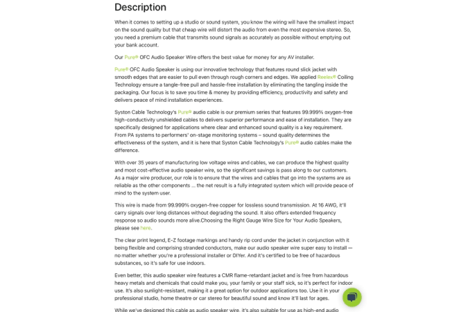 Pure® Premium 16/2 OFC Audio Speaker Wire — product description 1 Syston cable sample 2