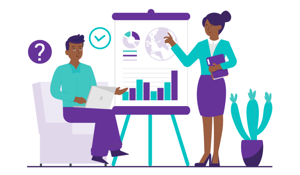 What is Low Website Traffic and Why is it a Problem? 1 A woman points to an image of the world and several graphs as she explains to a person what low traffic is.