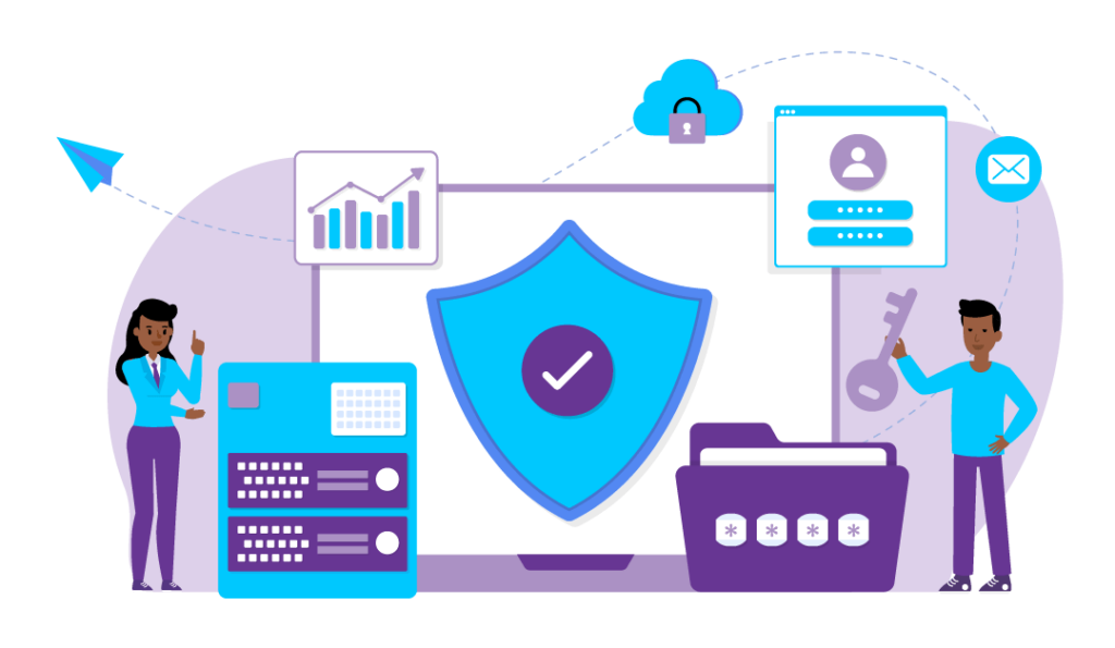 Google Update — Google’s July 2021 Link Spam Update 5 Computer screen with a shield and a tick, an upward trending graph and other icons that symbolise the importance of Google’s link spam update is.