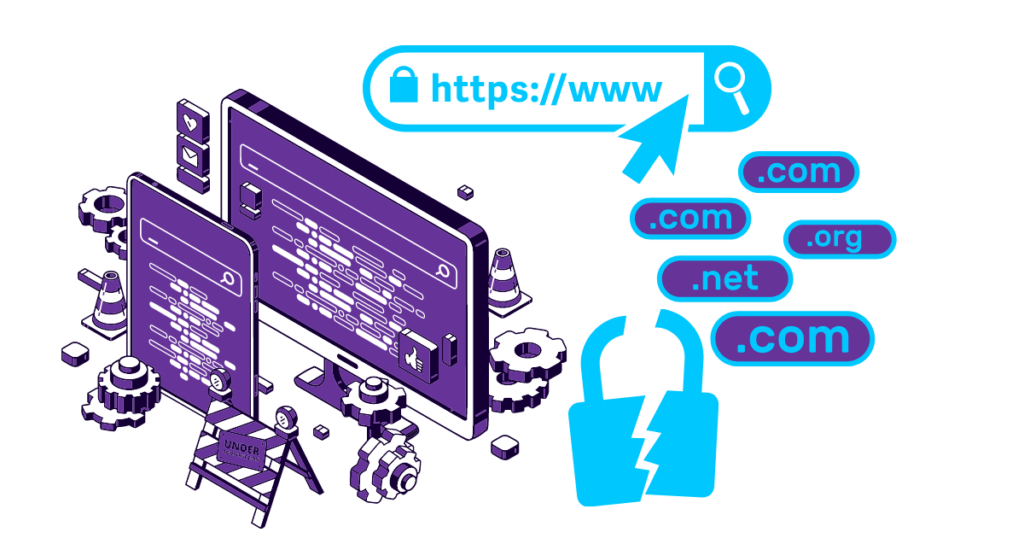 Top 12 Causes of Low Web Traffic 6 cogs and traffic cones scattered around screens showing poorly constructed URLs
