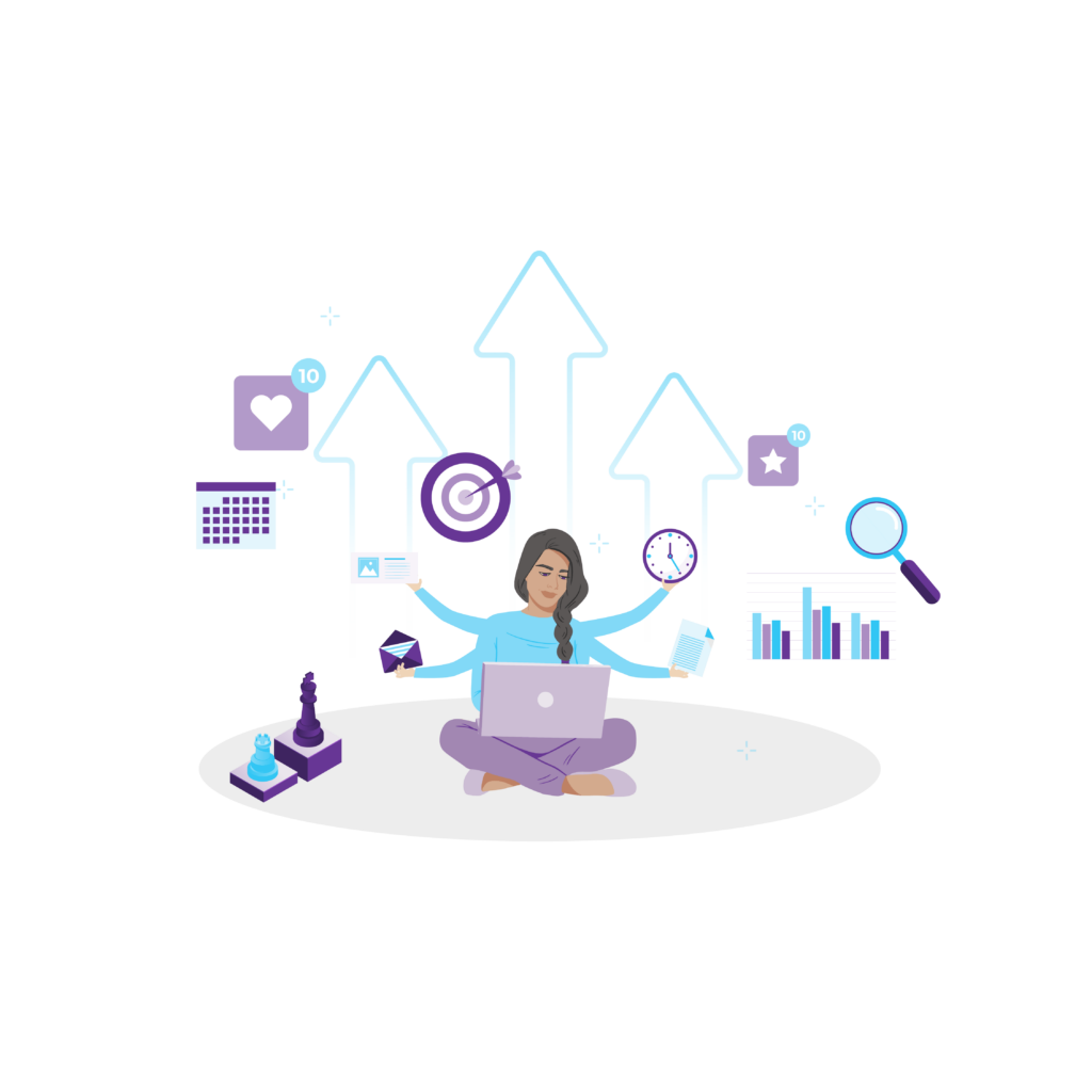 Content Strategy Success Guide 16 Woman multitasking content creation, strategy, updating content, and looking at notifications and performance metrics, while getting everything done on time.