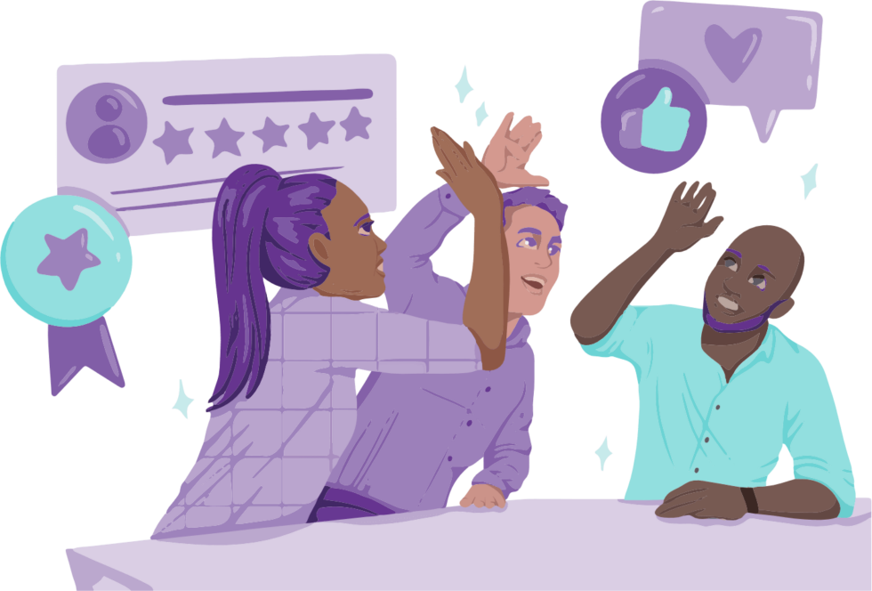 Should you Start a Blog This Year? 9 Three people giving each other high fives, with five star reviews, social media likes, hearts, and badges surrounding them. These are happy people from a small business who've won lots of loyal customers that love their products and services.