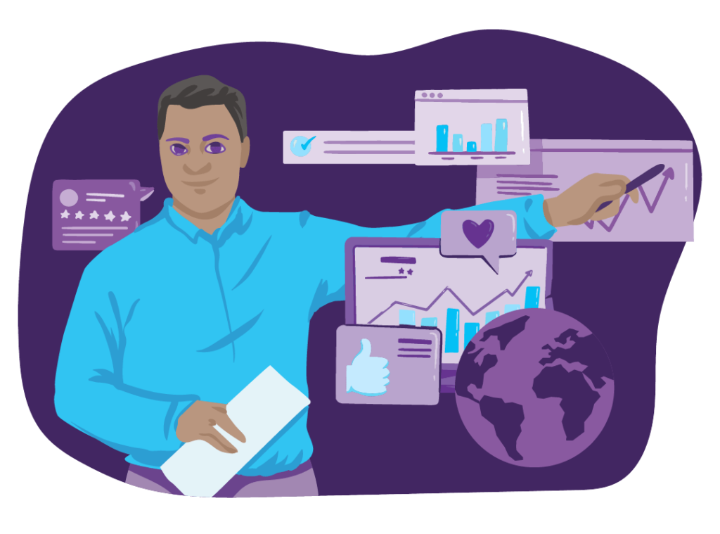 When to Post on Social Media 2 A person pointing to an upwards trending graph indicating that if businesses post at the right time, their traffic, and other stats, will improve.