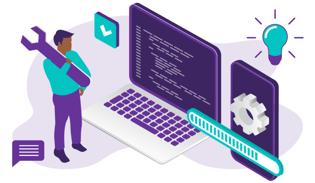 Google Algorithm Update May 2020 5 A man carrying a tool facing a laptop and a mobile phone, ready to get to work improving his site in the wake of the May 2020 Google Core Update.