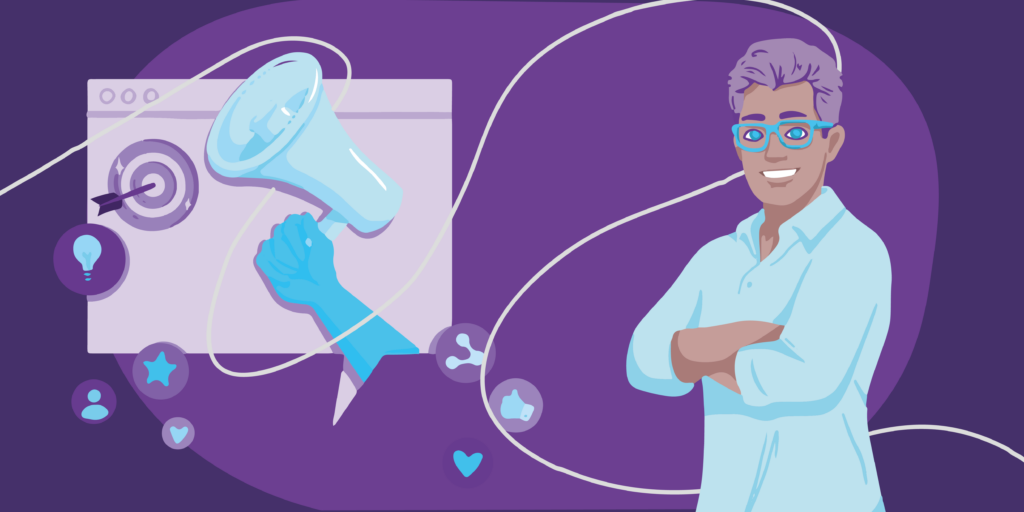 26 Benefits of Content Marketing 8 A message pop up with icons of a megaphone, arrow and target, like, and share symbol that together signify content marketing.