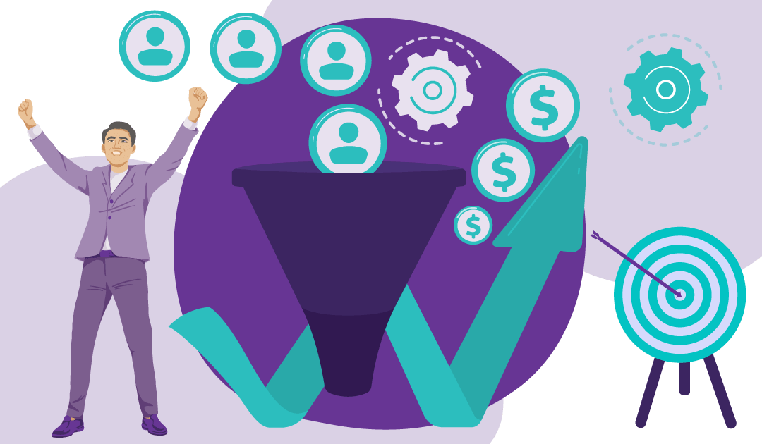Top Content Types for Every Small Business Sales Funnel 2 Icons of people being attracted to a brand and pulled into their sales funnel, resulting in lots of profit for the brand