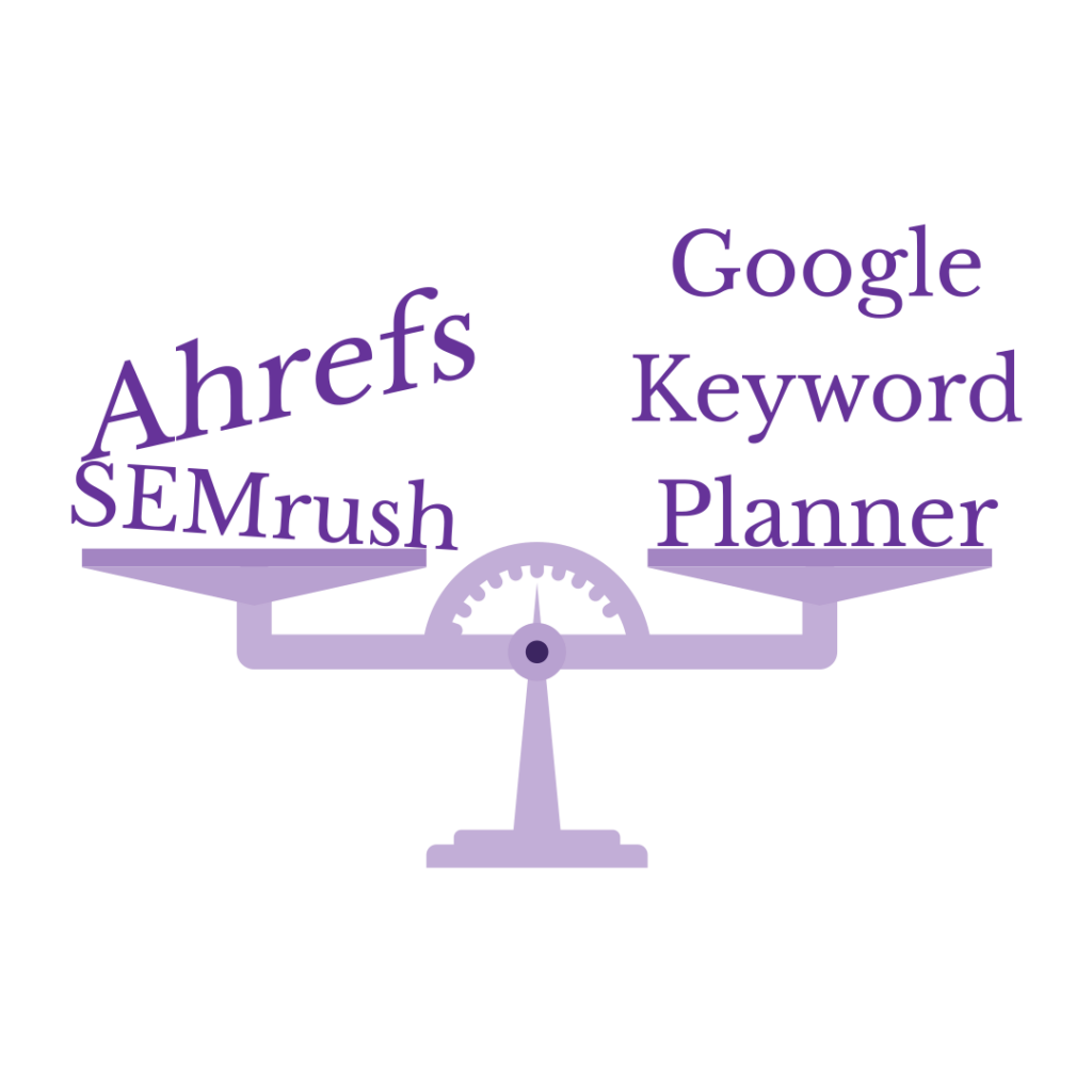 5 Things I Wish I’d Known About SEO When I Built My First Website 4 A scale with the words 'Ahrefs' and 'SEMrush' on the left side and 'Google Keyword Planner' on the right.