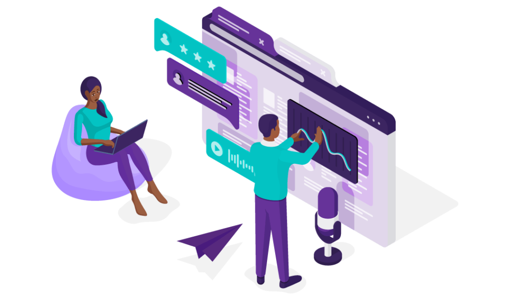 How to Promote Your Blog on Social Media 1 One person sitting on a beanbag typing on a laptop. Another person is arranging different aspects of a social media post.