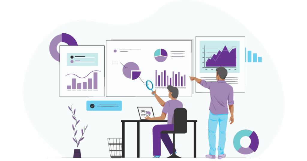 Keyword Cannibalisation: How to Identify & Quash It 2 Two men looking at graphs and charts to fix a potentially cannibalised keyword.