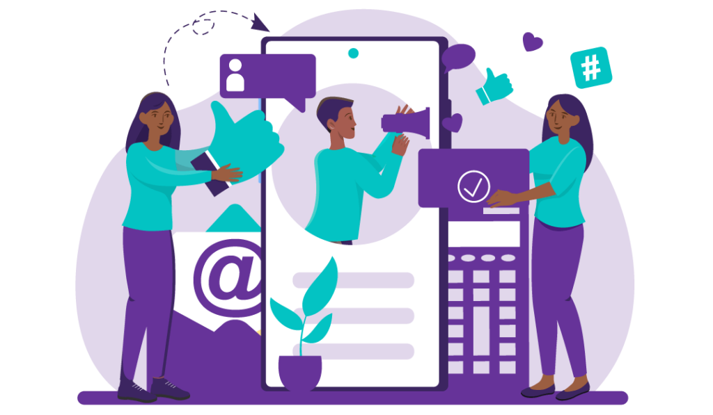 How to Promote Your Blog on Social Media 5 Person with a megaphone and two other people holding symbols that show ad success (thumbs up and ticks).