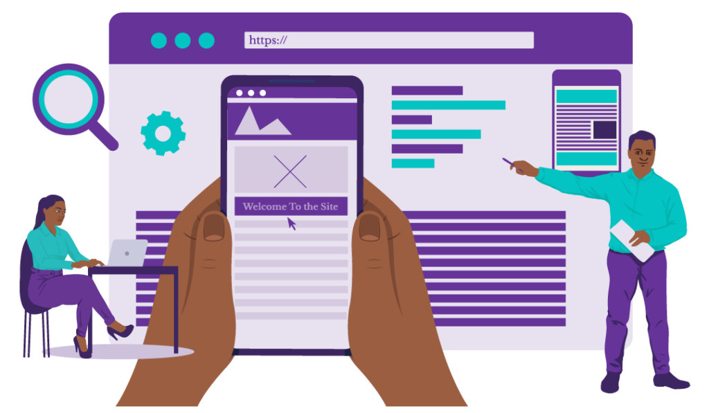 How to Change Your Site Title in WordPress 2 A woman editing her site title and a man pointing at steps to follow to change a site title in WordPress.