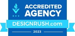 DesignRush Accredited Agency Badge 2023 Text in the image reads: accredited agency design rush.com 2023.