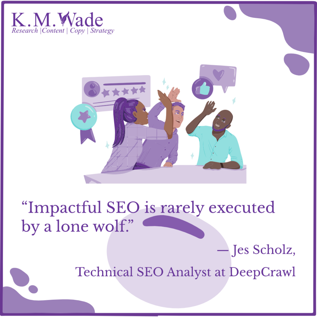 Inspiring and insightful marketing quotes to elevate your SEO strategy 15 An image featuring Jes Scholz's quote on the collaborative nature of impactful SEO, with a team brainstorming and high-fiving.