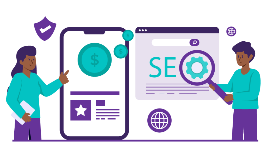 Manual Penalties from Google for Guest Posting? 6 An Illustration of a man and a woman showing the importance of SEO in optimising search engines.