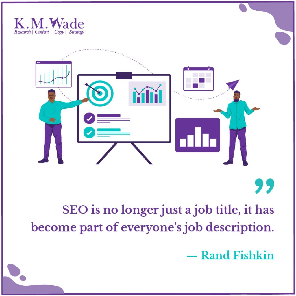 Inspiring and insightful marketing quotes to elevate your SEO strategy 14 A visual representation of Rand Fishkin's quote on SEO becoming part of everyone's job, with charts and analytics in the background.