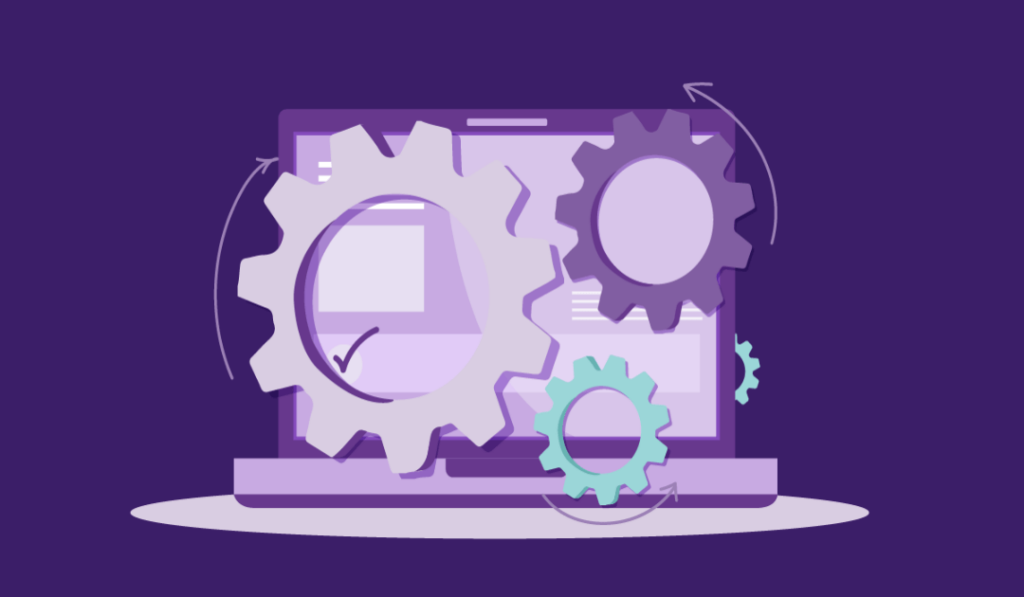 Ultimate Guide to SEO Marketing for SMBs 9 An illustration of some cogs in front of a laptop.