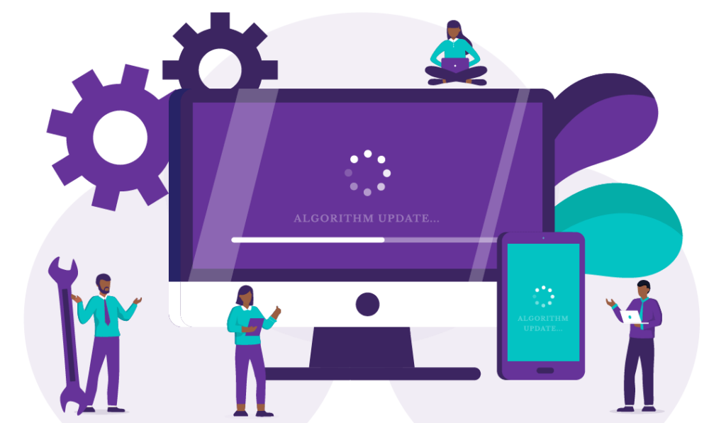 Google Algorithm Update May 2020 2 Four individuals gathered around a computer and a mobile phone showing a broad core algorithm update on the screen with some cogs and some tools on the background.